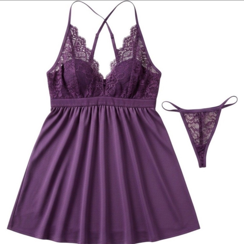 Purple Lace Babydoll Lingerie Set with Matching Thong G-String NWT